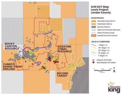 Figure 1. Distribution of historical drill holes at Lewis, color-coded by Grade X Thickness. Red arrows denote vector direction of Au mineralization. Location of planned 2021 RC drill holes (red dots) and historical drill holes (black circles). (CNW Group/Nevada King Gold Corp.)