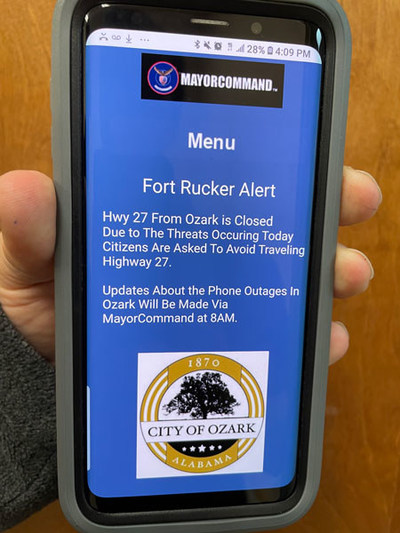 Pictured is a MayorCommand government city alert from the city of Ozark Alabama