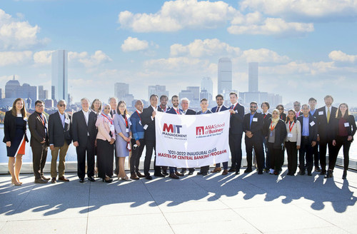 MIT Sloan School of Management Dean David Schmittlein (fourth from left), MIT Sloan Global Programs Assistant Dean David Capodilupo (second from right), and MIT Sloan faculty and staff welcome the inaugural class of the Asia School of Business Master of Central Banking Program at MIT Sloan on November 8, 2021.