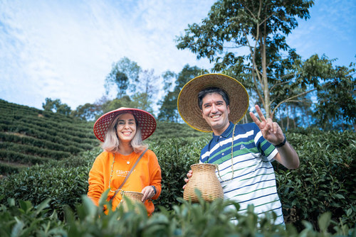 A couple from Iran pick tea leaves at a tea garden in Liubao, whose tea is considered one of the best in the country and was served in tribute to Emperor Jiaqing during the Qing Dynasty (1644-1911). [Photo provided to China Daily]