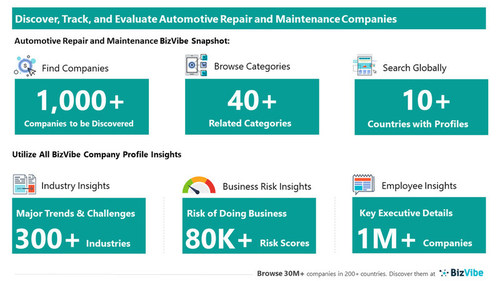 Snapshot of BizVibe's auto repair company profiles and categories.