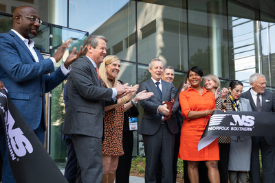 Norfolk Southern opens new 750,000-square-foot headquarters in Atlanta, GA Wednesday November 10, 2021. From left to right Sen. Raphael Warnock (D-GA), Gov. Brian Kemp (R-GA), Georgia First Lady Marty Kemp, Norfolk Southern Chairman, President & CEO James Squires, Colin Connolly (Cousins Properties), Mayor Keisha Lance Bottoms (D-Atlanta), Norfolk Southern Chief Transformation Officer Annie Adams, Dr. Eloisa Klementich (Invest Atlanta), Gov. Nathan Deal (R-GA)