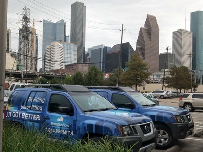 PermitUsNow fleet trucks at City of Houston Permitting Center. Team members cover over 500 jurisdictions across the Texas, in Louisiana, Michigan and meet with jurisdiction Plan Reviewers, Contractors and Project Owners like HEB to help save time and money.