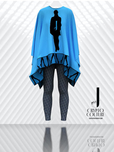 Pictured here is the Signature J-Walk Poncho with " Leg & Heel" trim paired with J-Walk Herringbone Tights in Blue-Grey. All custom designed patterns, prints and logos for the Miss J Crypto Couture Collection makes these pieces very special. The fashion video is timed to a mini version of the Crypto Couture Song with lyrics by Miss J, directed by James Moritz and produced by award winning music artist Leo Frappier. Each piece comes with the artwork which can be re-sold on secondary markets such