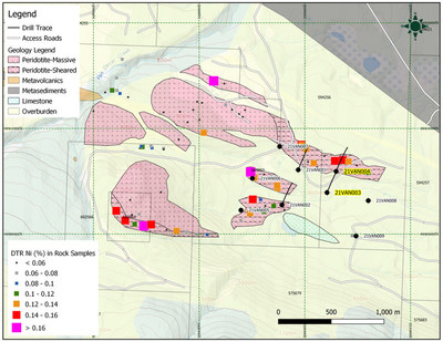 Figure 2: Van Target Plan Map with Drillhole Collar Locations and Previously Reported Outcrop Samples with DTR Nickel Grades (CNW Group/FPX Nickel Corp.)