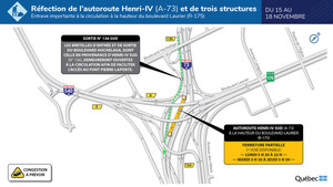 Réfection de l'autoroute Henri-IV (A-73) et de trois structures à Québec - Entraves majeures sur l'autoroute Henri-IV (A-73) entre le 14 et le 18 novembre - Planifier vos déplacements