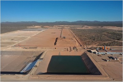 Figure 2: Pregnant Solution Pond (front), Heap Leach Pad (back), Merrill-Crowe Plant (right) (CNW Group/Orla Mining Ltd.)