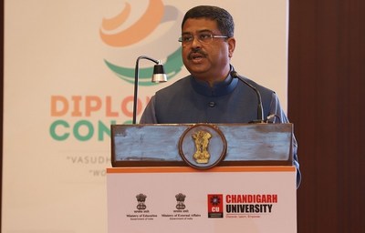 Shri Dharmendra Pradhan, Union Minister of Education, Government of India speaking during the Diplomatic Conclave organized by Chandigarh University under the guidance of the Ministry of Education and Ministry of External Affairs at New Delhi