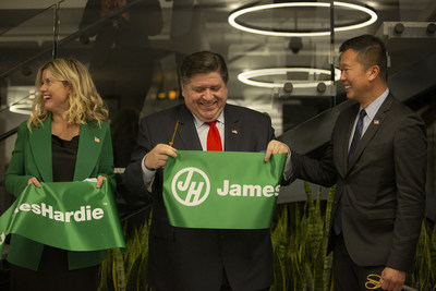 Amy Lamparske (VP of Marketing, James Hardie), JB Pritzker (Governor of Illinois) and Dr. Jack Truong (Chief Executive Officer) celebrate official opening of new James Hardie US headquarters in Chicago.