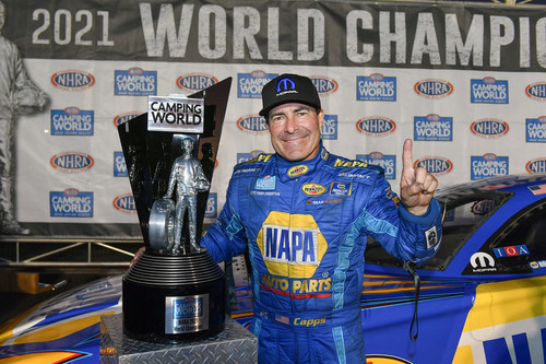 Dodge Charger SRT Hellcat driver Ron Capps and Don Schumacher Racing earned the 2021 NHRA Funny Car World Championship.