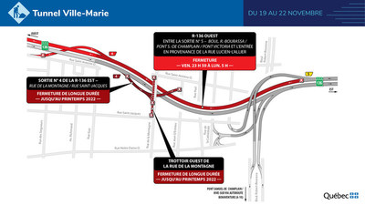 Tunnel Ville-Marie - Fermeture complète d'un tronçon de la route 136 en direction ouest (Groupe CNW/Ministère des Transports)