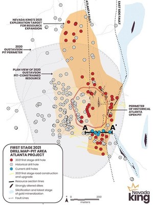 Figure 1. Location of Nevada King’s 2021 RC drill holes relative to historical drill holes and the 2020 Gustavson gold resource zone and pit perimeter. Current historical open pit shown by black hatched line. The 2021 drilling program was designed to extend the Gustavson resource to the east, south, and north. (CNW Group/Nevada King Gold Corp.)