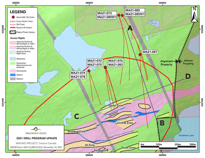 Figure 1 – Plan Map of Magino Showing the Locations of Drill Holes in this Press Release (CNW Group/Argonaut Gold Inc.)