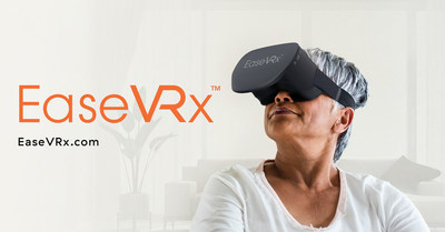 Woman at home using EaseVRx, a prescription-use medical device with preloaded software content on a proprietary hardware platform that delivers pain management training based on cognitive behavioral skills and other behavioral methods. It uses an immersive virtual reality (VR) system that delivers VR content while incorporating biopsychosocial pain education, diaphragmatic breathing training, mindfulness exercises, relaxation-response exercises and executive functioning games.