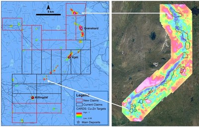 Figure 1. Original CARDS AI Data Mining anomalies (left) and ground gravity survey data being reported (gravity data in colours and CARDS AI anomalies as contours; right). Stratigraphic controls on copper-zinc mineralization at Kjøli are clearly defined. (CNW Group/Capella Minerals Limited)