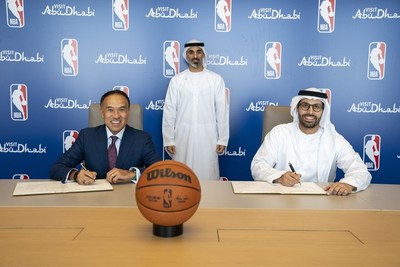 NBA Deputy Commissioner and Chief Operating Officer Mark Tatum; NBA Managing Director, Europe and the Middle East, Ralph Rivera; and Department of Culture and Tourism ? Abu Dhabi Chairman HE Mohamed Khalifa Al Mubarak (Credit: NBAE/Getty Images)