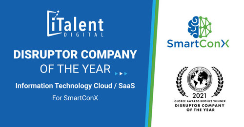 SmartConX integration-as-a-service solution won iTalent Digital the title of Disruptor Company of the Year 2021 by the Globee Awards