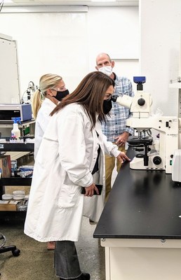 Algenist CEO Rose Fernandez, Algenist VP of Product Development Tammy Yaiser and Checkerspot CSO Scott Franklin at Checkerspot HQ in Alameda, California.