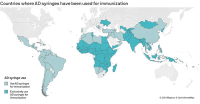 Immunization is done exclusively with AD syringes in nearly 70 countries, and 30 countries use them for some immunizations. Since 1999, the WHO, UNICEF, and the United Nations Population Fund have recommended exclusive use of AD syringes globally for immunization as they “present the lowest risk of person-to-person transmission of blood-borne pathogens such as hepatitis B or HIV” because AD syringe needles cannot be removed or reused.
