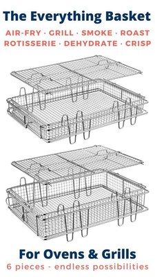 The Everything Basket for Ovens and Grills - 6 pieces with endless possibilities. Use to air-fry, grill, smoke, roast, rotisserie, dehydrate, crisp and cool. Perfect gift for both novice and experienced cooks and grillers.