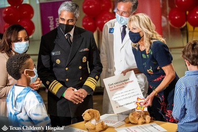 U.S. Surgeon General Vivek Murthy, M.D. and First Lady Jill Biden, Ed.D. ? alongside patient families and Jim Versalovic, M.D., Ph.D., co-leader of Texas Children's Hospital's COVID-19 Command ? discuss the importance of the newly approved COVID-19 vaccine for 5-11-year-olds during their tour of the hospital's vaccine clinic Sunday, November 14.