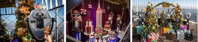 (L to R) DŌ's holiday treats on the 86th Floor Observatory; the adorned Fifth Avenue lobby windows; the holiday-themed photo corner on the 86th Floor Observatory, 