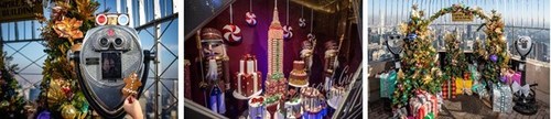 (L to R) DŌ's holiday treats on the 86th Floor Observatory; the adorned Fifth Avenue lobby windows; the holiday-themed photo corner on the 86th Floor Observatory,