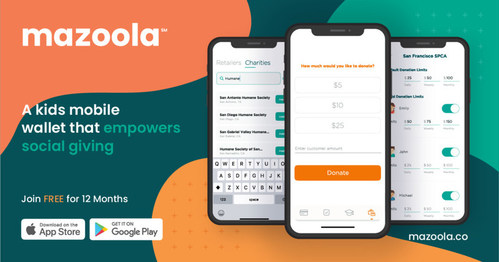 The Mazoola app incorporates important charitable giving capabilities, built with the goal of getting children to feel more closely connected to their local communities and life passions.