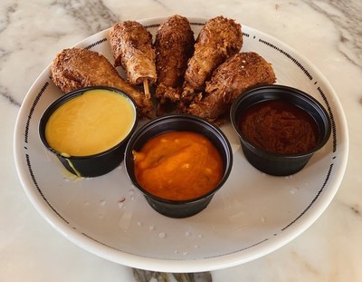 Plate of fried Sundial Wings with fully plant-based skin, meat, and bone.