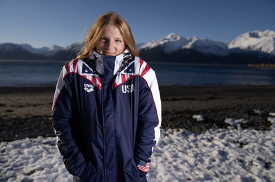 Seward, Alaksa Native, Lydia Jacoby, on 4th of July Beach in the arena USA National Team Parka