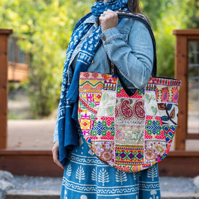 This patchwork bag was made using recycled materials with a purpose.