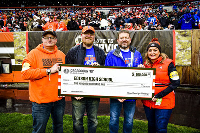 CrossCountry Mortgage Chief Brand Officer Laura Soave presented a $100,000 check to Kip Soviak, Edison High School Athletic Director Nick Wenzel, and Edison High School Football Coach Jim Hall. The gift will be used for enhancements to the school’s athletic facilities in memory of U.S. Navy Corpsman Maxton W. Soviak, a 2017 Edison graduate who died while assisting in the evacuation of Americans and refugees from Afghanistan in August.