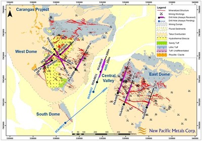 Figure 1. Simplified geology plan map and drill holes of the Phase I discovery drill program at the Carangas Project (CNW Group/New Pacific Metals Corp.)