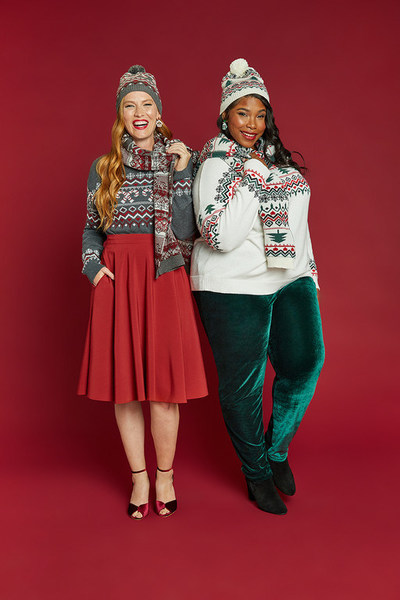 ModCloth's 2021 Gift Guide is off to a very strong start, with sales running 9% above 2020 levels. Popular items modeled here (on right) include the 'Evergreens and Snowbanks' beanie, scarf and sweater, with 'Keen-for-Green' velvet skinny pants; and (on left) the 'Candy Cane Crossroads' beanie, scarf and sweater (the sweater is already sold-out), with 'Just This Sway' A-Line skirt.