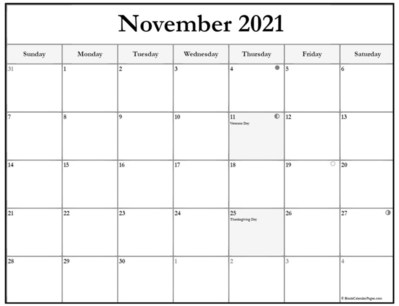 Custom November 2021 calendar with U.S Federal holidays and moon phases