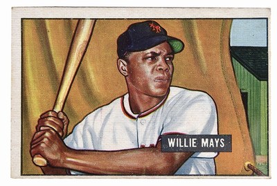 Complete set of 1951 Bowman color baseball cards together with 108 duplicates (Bowman 1951), and 13 cards from Bowman's 1950 series. Includes rookie cards including Willie Mays and Mickey Mantle (Mays rookie card shown here), and 30 Hall of Famers. Fresh out of a house and sold as one lot totaling 446 cards. Estimate $15,000-$30,000
