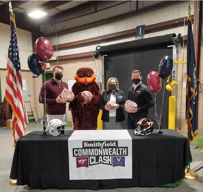 In celebration of the Commonwealth Clash rivalry games, representatives from Smithfield visited Feeding Southwest Virginia and Blue Ridge Area Food Bank to unite opposing sides and strengthen surrounding areas through donations to support hunger relief.