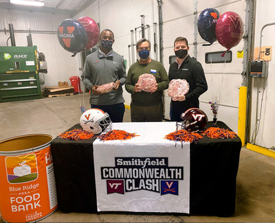 In celebration of the Commonwealth Clash rivalry games, representatives from Smithfield visited Feeding Southwest Virginia and Blue Ridge Area Food Bank to unite opposing sides and strengthen surrounding areas through donations to support hunger relief.