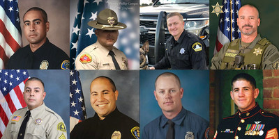 Top row from left to right: Pomona Police Officer Greggory Casillas, Kern County Deputy Sheriff Phillip Campas, Sacramento County Deputy Sheriff Adam Gibson, Riverside County Sheriff’s Department Sergeant Harry Cohen. Bottom row from left to right: San Bernardino County Sheriff’s Department Sgt. Dominic Vaca, San Diego Police Officer David Sisto, Los Angeles County Firefighter Specialist Tory Carlon, Los Angeles Deputy Sheriff Thomas Albanese