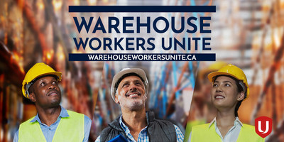 Warehouse workers wearing hardhats looking up. (CNW Group/Unifor)
