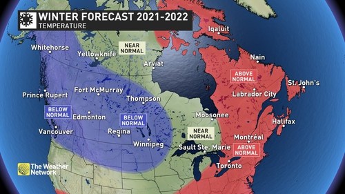 The Weather Network's National Winter Forecast Temperature 2021-2022. (CNW Group/Pelmorex Corp.)