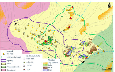 Figure 2. Simplified geology map of the Copper Hill target including alteration zones, magnetic anomaly, surface geochemistry, and drill locations. (CNW Group/SSR Mining Inc.)