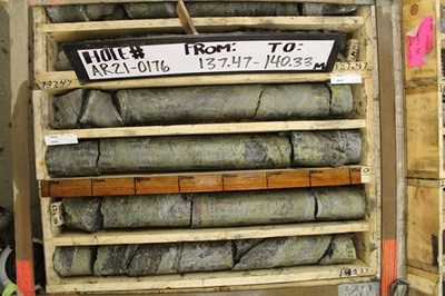 Figure 3. Photo of drill core from Hole AR21-0176 showing massive to semi-massive chalcopyrite. (CNW Group/Trilogy Metals Inc.)