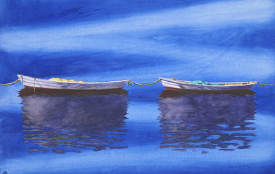 Social Distancing, watercolor on paper 28 x 40 inches - painted during quarantine of two classic wooden fishing dories at sea but connected by rope, a metaphor of this time. As the supply chain was disrupted, Prey had to reuse watercolor paper, the ghost outline of her previous drawing is seen on the overpainted painting
