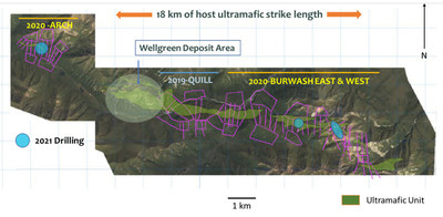 Figure 1: 2019-20 surface time-domain electromagnetic (TDEM) coverage and 2021 drilling locations at the Nickel Shäw Project (CNW Group/Nickel Creek Platinum Corp.)