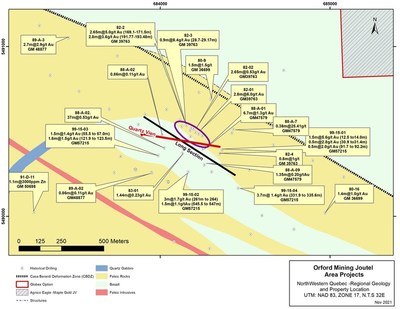 Figure 3: Plan Map of the South Gold zone Geology and Gold intersections Drilling intervals are down-hole lengths from historical data. True thicknesses cannot be estimated with available information. The technical information presented in this release was obtained from historical work reports filed with the Quebec Ministry of Energy and Natural Resources and has not been independently verified by a Qualified Person as defined by NI 43- 101. (CNW Group/Orford Mining Corporation)