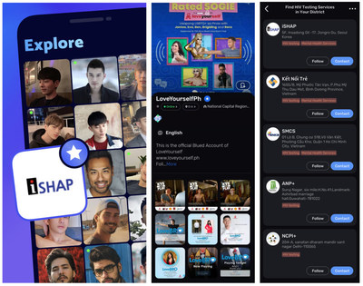 1. Verified organizations will receive a blue star on the top right corner of their profile photo and appear on Blued’s “Explore” page; 2. LoveYourSelf, seen here on Blued, is an NGO that provides HIV-related services in the Philippines; 3. Users can contact the HIV prevention resources listed directly via Blued.