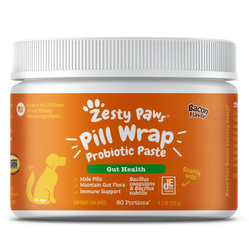 Zesty Paws'new Pill Wrap is a bacon-flavored paste that helps maintain gut flora and provide immune support
