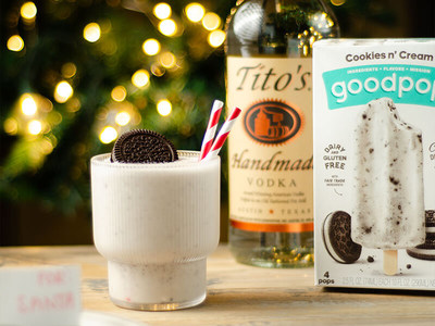 Sip the Season with GoodPop's Santa's Milk n' Cookies Spiked Milkshake 1 cup vanilla ice cream (dairy free or regular) 1/3 cup oat milk, 2 GoodPop Cookies n' Cream Pops, 2oz Tito's Vodka. Add all ingredients into a high-powered blender. Blend until smooth. Pour into glass, garnish with fresh cookies and enjoy!