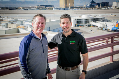 Allegiant Chairman and CEO Maurice J. Gallagher, Jr. and Viva Aerobus Chief Executive Officer Juan Carlos Zuazua, photographed at McCarran International Airport in Las Vegas. The airlines today announced plans for a fully-integrated Commercial Alliance Agreement, designed to dramatically expand options for nonstop leisure air travel between the United States and Mexico, while lowering fares to make travel more accessible and affordable for residents of both nations. (Photo: Henri Sagalow)